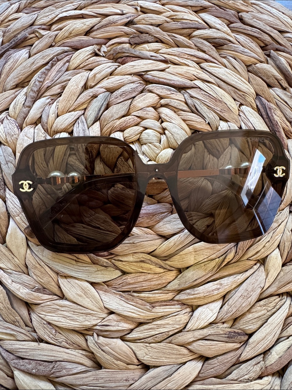 Authentic Chanel Brown Square Pearl Accent Sunglasses nwot